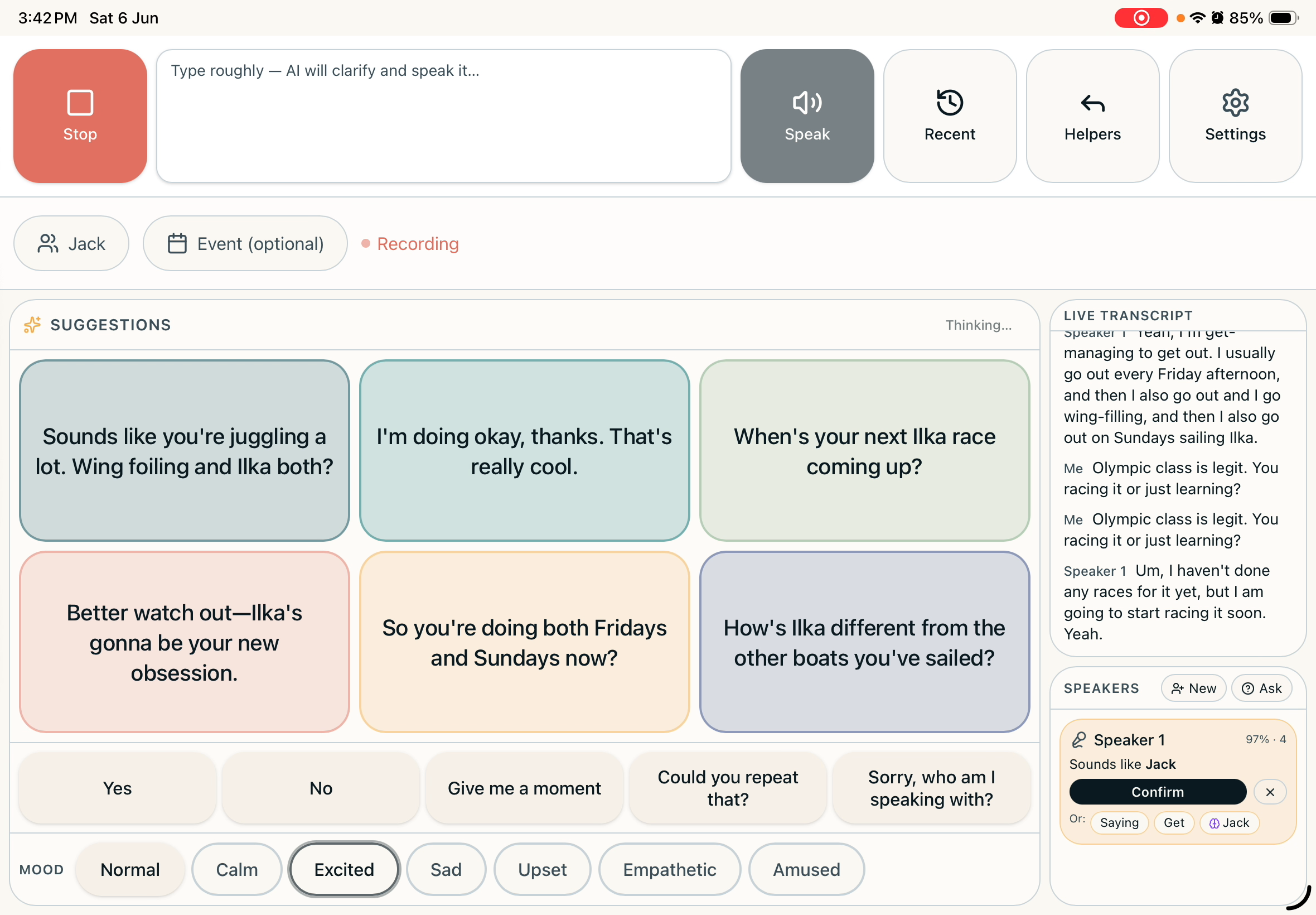 Parley's cockpit: a live attributed transcript, the speaker-confirm panel, a selected mood and tap-to-speak reply suggestions.